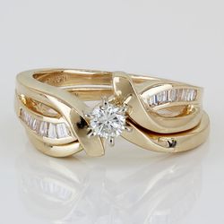 14K Yellow Gold Round+ Baguette -Cut Diamond 2Pc Wedding Ring Set