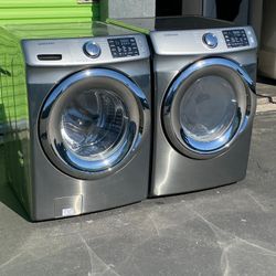 Samsung Front Loading Washer And Stackable Gas Dryer Set In Stainless Steel Platnum 