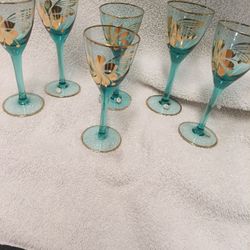 6 5 1/2" Vintage 1950s Hungarian Teal Blue Cordial Glasses