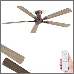 ZMISHIBO 60 Inch Ceiling Fan No Light, Flush Mount Low Profile, Farmhouse Brown Ceiling Fan Without Light, Remote Control & Quiet DC Motor, For Indoor