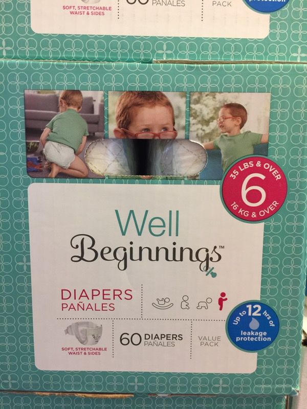 BOX of size 6 diapers Well Beginnings brand.