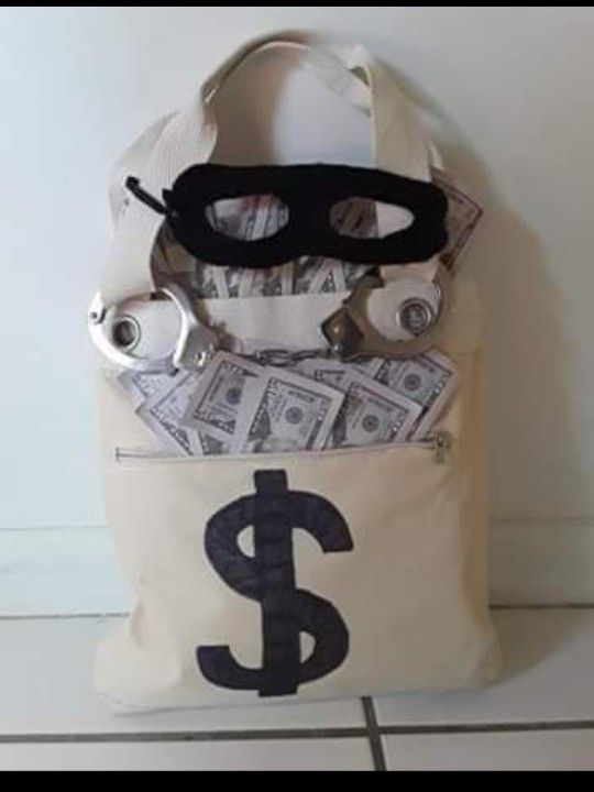 Halloween HOMEMADE burglar bank robber money bag with felt mask and handcuffs