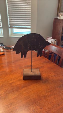 Metal Pig Silhouette Sculpture on Wood Stand
