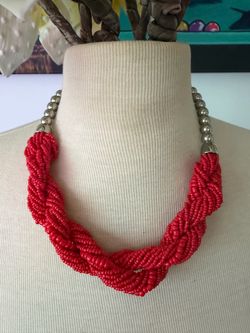 Vintage chunky Braided Red Beaded Necklace with Silver End Caps approx 20” In great condition