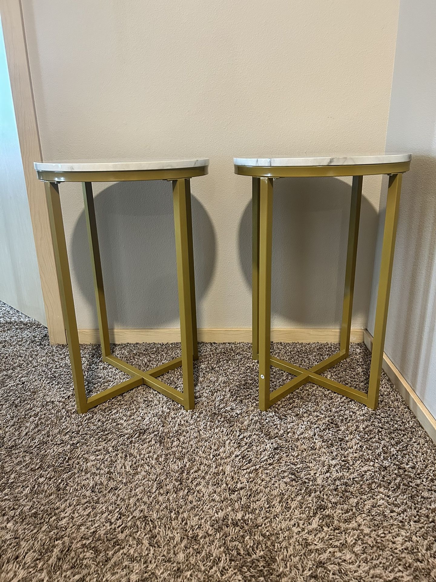 Set of Two White Marble and Gold Side Tables