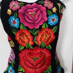 Artisanal Black Velvet Bustier Corset Top Strapless Floral Lace Embroidery  Curvy hem 1 Sz
