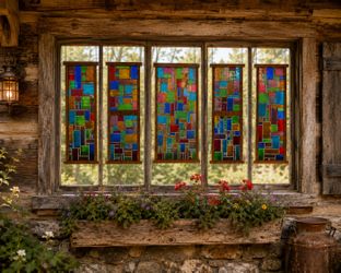 Large Mid-Century Modern Abstract Leaded Stained Glass Window Set – 5 Oak-Framed Panels