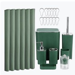 Brandnew Bathroom Accessories Set - 20PCS Green&Silver Bathroom Set with Shower Curtain, Trash Can, Soap Dispenser, Soap Dish, Toilet Brush, Toothbrus