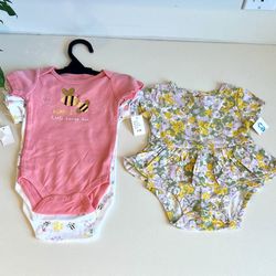 Carter’s + Koala Baby Girl 0-3M Outfit Set NWT – 3Pc Bee Bodysuits + Floral Dress – Bundle