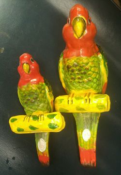Pair large and small ceramic parrot bud vases Japan