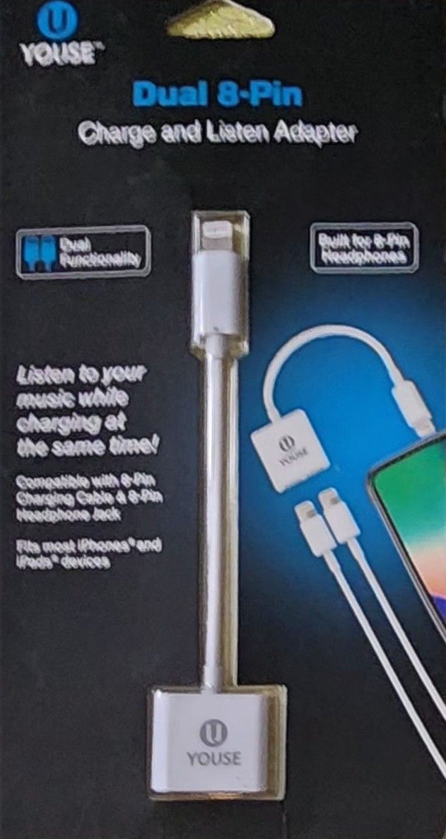 U YOUSE DUAL 8-PIN CHARGE AND LISTEN ADAPTER FOR MOST IPHONES AND IPAD DEVICES 