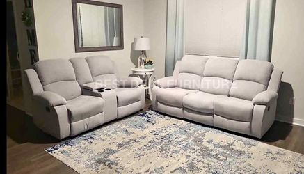 COSTCO Gray chenille fully reclining couch and love seat