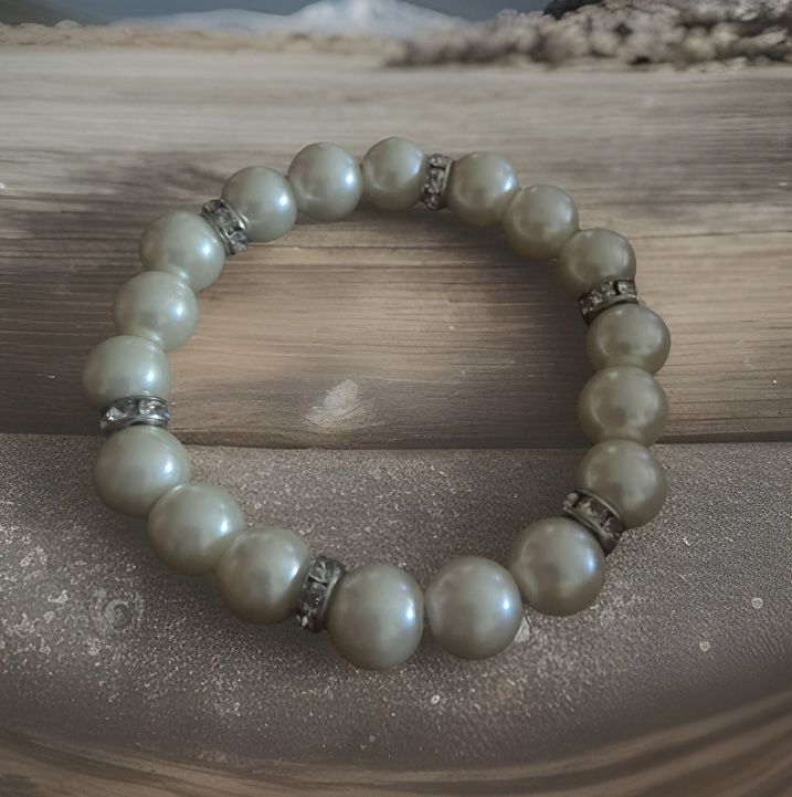 Vintage Faux Pearl and Rhinestone Rondelle Spacers Stretch Bracelet