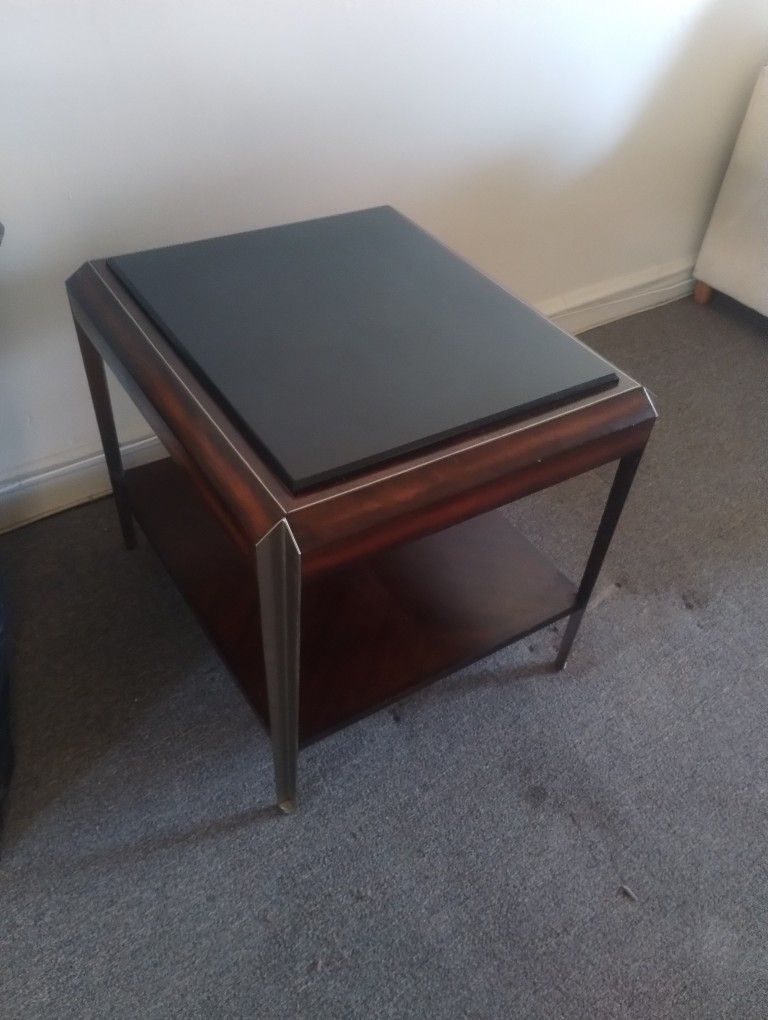 HANDSOME Solid Wood Oak And Dark Marble Corner Table
