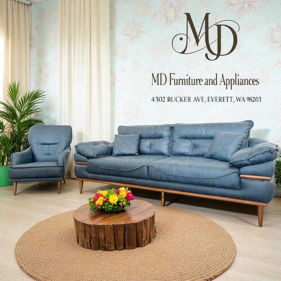Timber Luxe Three-Seater Blue Sofa and Armchair for Living Room Set, Suede Durable and Strong Fabric, Easy to Clean, Convertible Bed