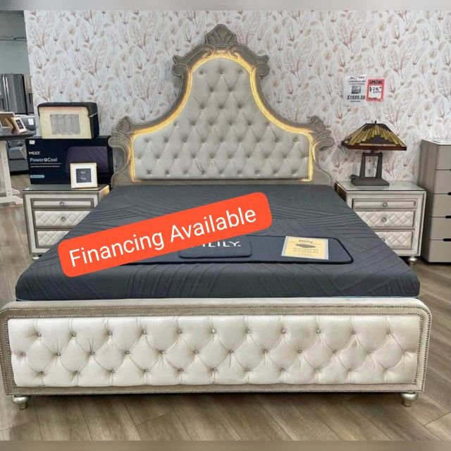 Beige Velvet Queen / Eastern King Size Bed Frame - Mattress Sold Separately