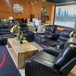 Black Leather Couch Set 