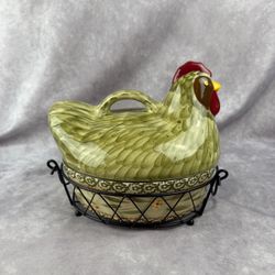 Temp-Tations By Tara Covered Hen Casserole Dish Old World Green 1.5 Qt W/Basket