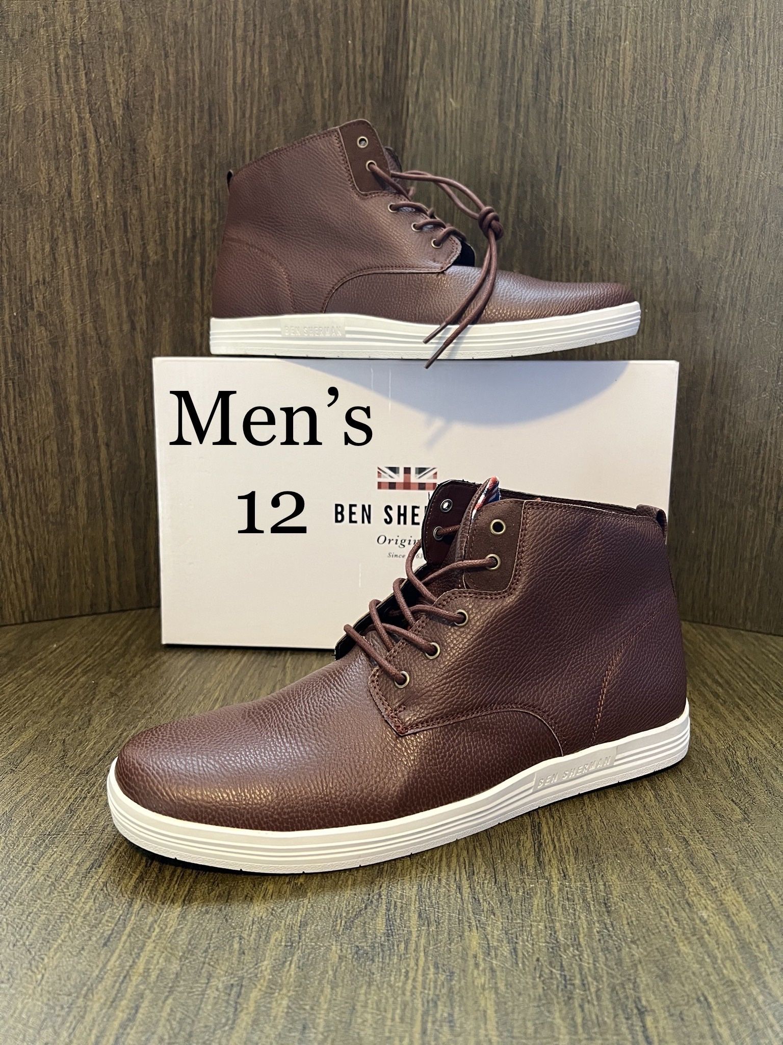 BEN SHERMAN / COMFORTABLE Brown Leather BOOTS Stylish Shoes w/ White Soles & Plaid interior / Men’s 12 / Brand New w/ Box!!