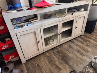 White Wood TV Stand with Glass Doors