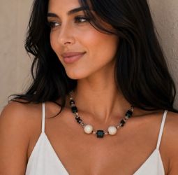 Handmade Ceramic & Crystal Beaded Necklace Black Cream Statement Jewelry