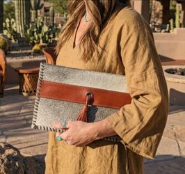 Soul Carrier Leather & Hair on Hide Clutch Handcrafted Cowhide Tassel Bag Grey Tan Boho
