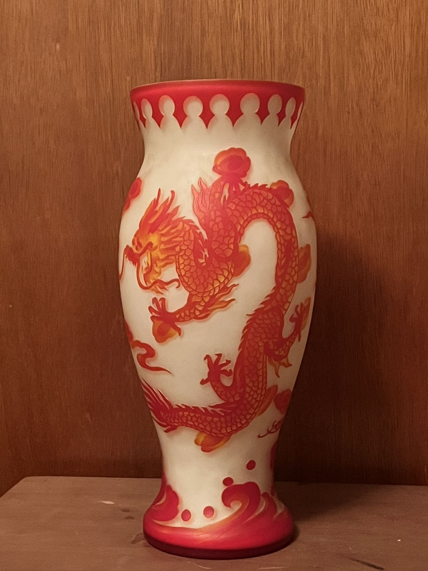 Vintage Oriental Dragon Carved Glass Vase