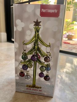 Vintage Pier 1 Imports 9 inch Glass Green Christmas Tree 12 Festive Wine Ornament Charms/Decorative