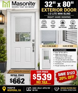 🚪 PUERTA EXTERIOR PREHUNG – 32” x 80”  🔥 PRECIO ESPECIAL: $539 — NO TAX 🔥 💰 Precio regular en Home Depot: $662 con tax 💵 ¡Ahorras $123! — aproxim