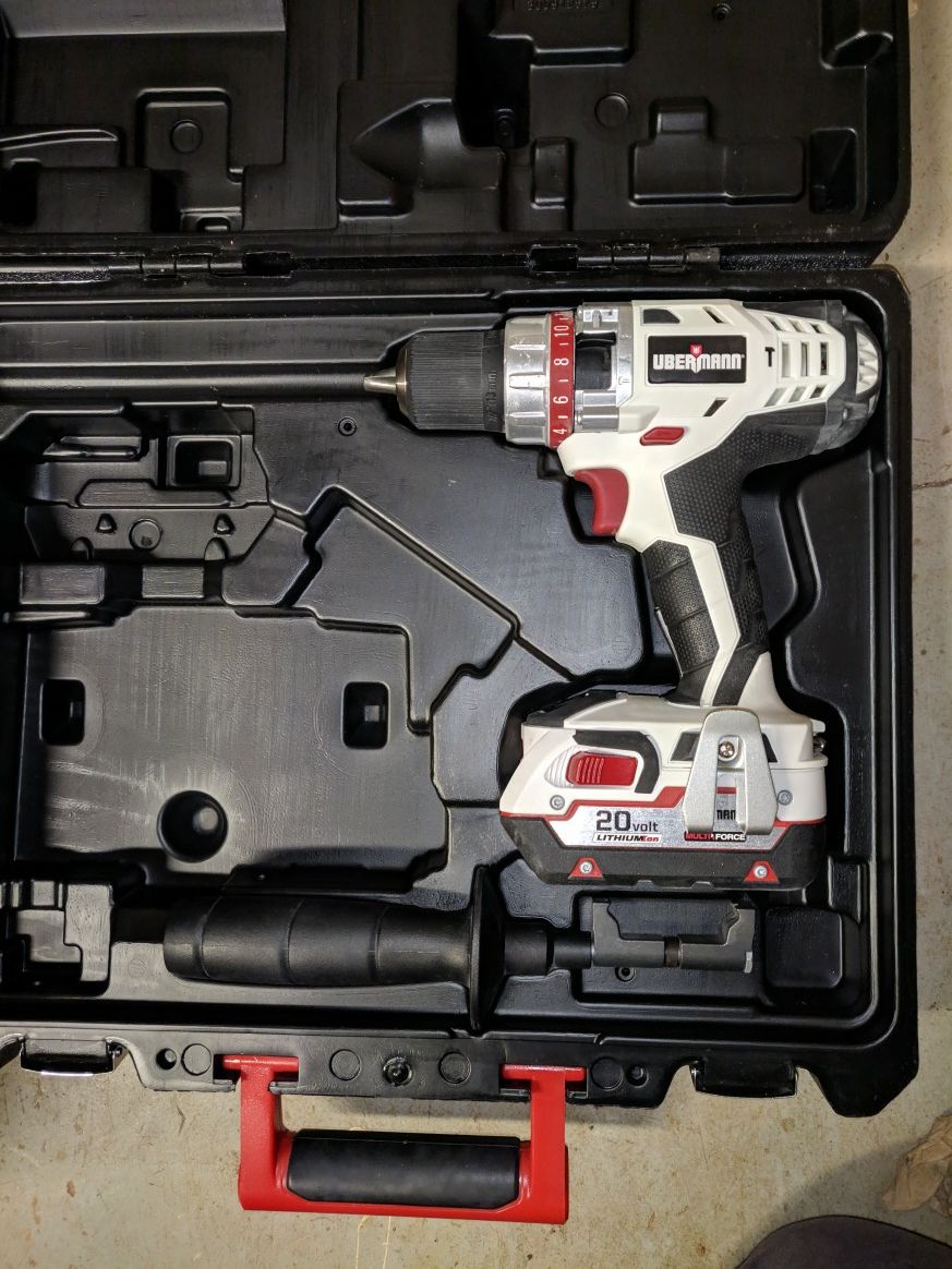 Uberman 20v Cordless Drill/Driver with Battery, Side Handle and Case