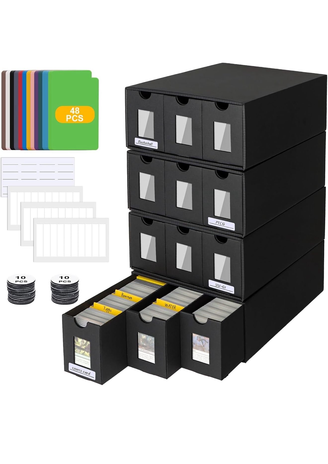 Caja de almacenamiento de tarjetas coleccionables para Commander Display, caja de cartón con 48 divisores, etiquetas y cintas, caja de colección de ta