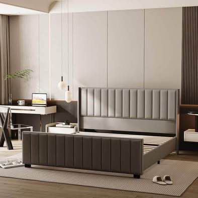 Like New Grey Velvet Upholstered King Size Bed Frame Vertical Channel Headboard & Footboard (See pic