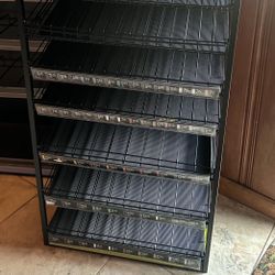 newer black retail sales display/stand/rack: 8 shelf rows