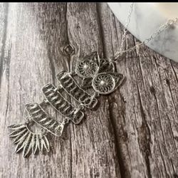 Oxidize Silver Filigree Owl Tiered Dangle Necklace 