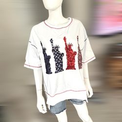 Fantastic Fawn Sequin Liberty Patriotic White Oversized Tee Sz medium 