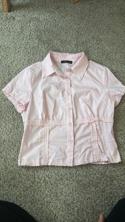 Pink Button-Up Blouse with Lace Trim