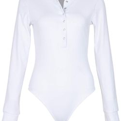 Sexy Women Bodysuit One-piece Size L White Bottoming Tight Slim Tops Body-con V-neck Shirt #268/1
