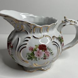 Vintage Limoges China Pitcher Flowers Gold Accents 5-1/2” Tall 8” Long W/Handle
