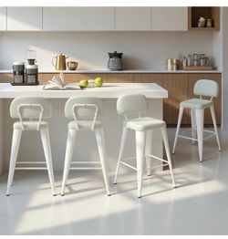 NEW 24" Bar Stools Set of 4, Faux Leather Counter Height Barstools with Low Back, Upholstered (WHITE