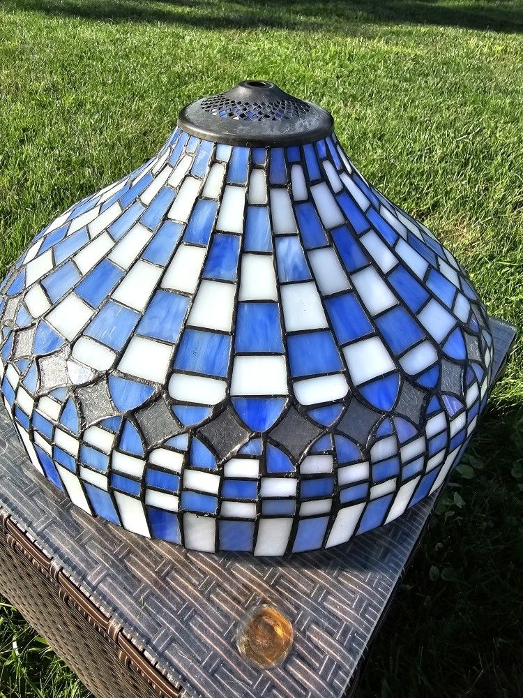 $125.00 - Vintage Stained Glass Lampshade, Tiffany Style! Large 48" In Circuference/Gorgeous Blues/White & Black Colors - Like New Condition!