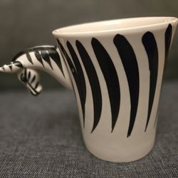 Zebra Sculpted 3D Coffee Mug Hand Painted Stoneware Black & White