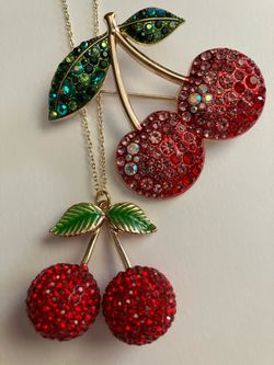 Double CHERRY Rhinestone Jewelry Set - Large Charm Pendant Necklace + Pin Brooch - Rockabilly