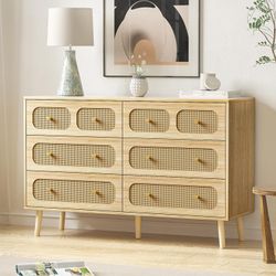 Rattan Dresser for Bedroom 6 Drawer, Natural Rattan Boho Dresser for Bedroom, Storage Organizer