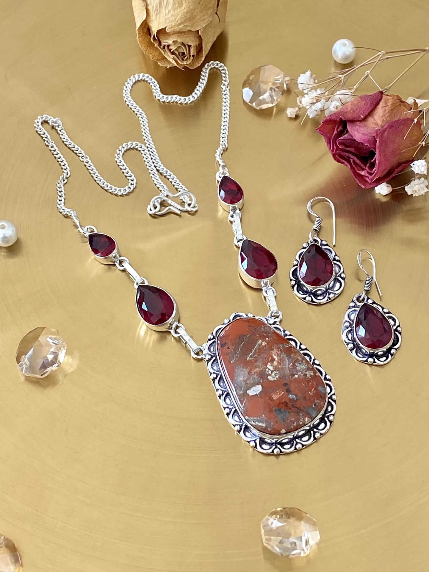 Red Jasper And Garnet 925 Sterling Silver Overlay Handcrafted Necklace And Earrings Set