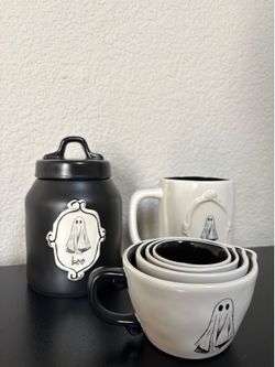 Rae Dunn Ghost Cannister, Mug, And Measuring Cups