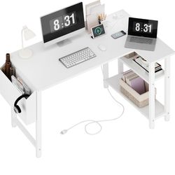 White L Shaped Computer Desk with Power Outlet Shelves, 40 Inch Small Reversible Corner Desk for Small Space Home Office, L-Shaped Desk PC Desks, Whit