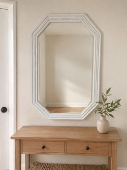 White Octagonal Wall Mirror with Bamboo Frame 26.5" x 41"