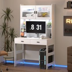 LVSOMT Home Office Desk with Hutch, Modern Computer Gaming Desk with LED Lights & Power Outlets, Gray Study Table with Storage Shelves