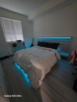 Queen Floating Platform Bed Frame with LED Lights & Built-In Nightstands – $250 OBO