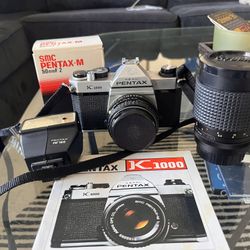 Pentax K1000 SLR Film Camera w/ 50mm Lens, Flash, 135mm Lens, Strap